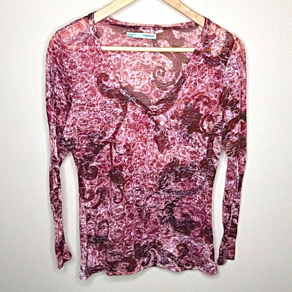 maurices Pink Paisley V-Neck Long Sleeve Lightweight Knit Top XL